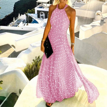 Mia | Halter Neck Maxi Dress Polka Dot Pleated Backless Boho