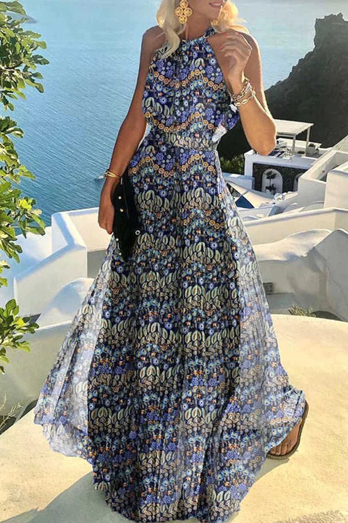 Mia | Halter Neck Maxi Dress Polka Dot Pleated Backless Boho