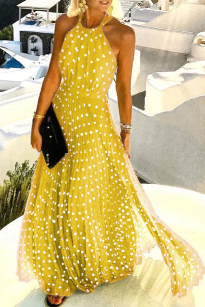 Mia | Halter Neck Maxi Dress Polka Dot Pleated Backless Boho