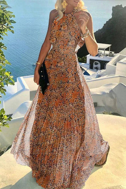 Mia | Halter Neck Maxi Dress Polka Dot Pleated Backless Boho