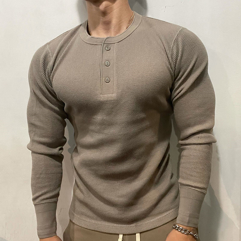 Slim-Fit Henley Muscle Shirt Heavyweight Waffle Knit for Training and Running