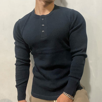 Slim-Fit Henley Muscle Shirt Heavyweight Waffle Knit for Training and Running