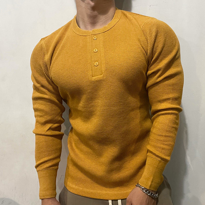 Slim-Fit Henley Muscle Shirt Heavyweight Waffle Knit for Training and Running