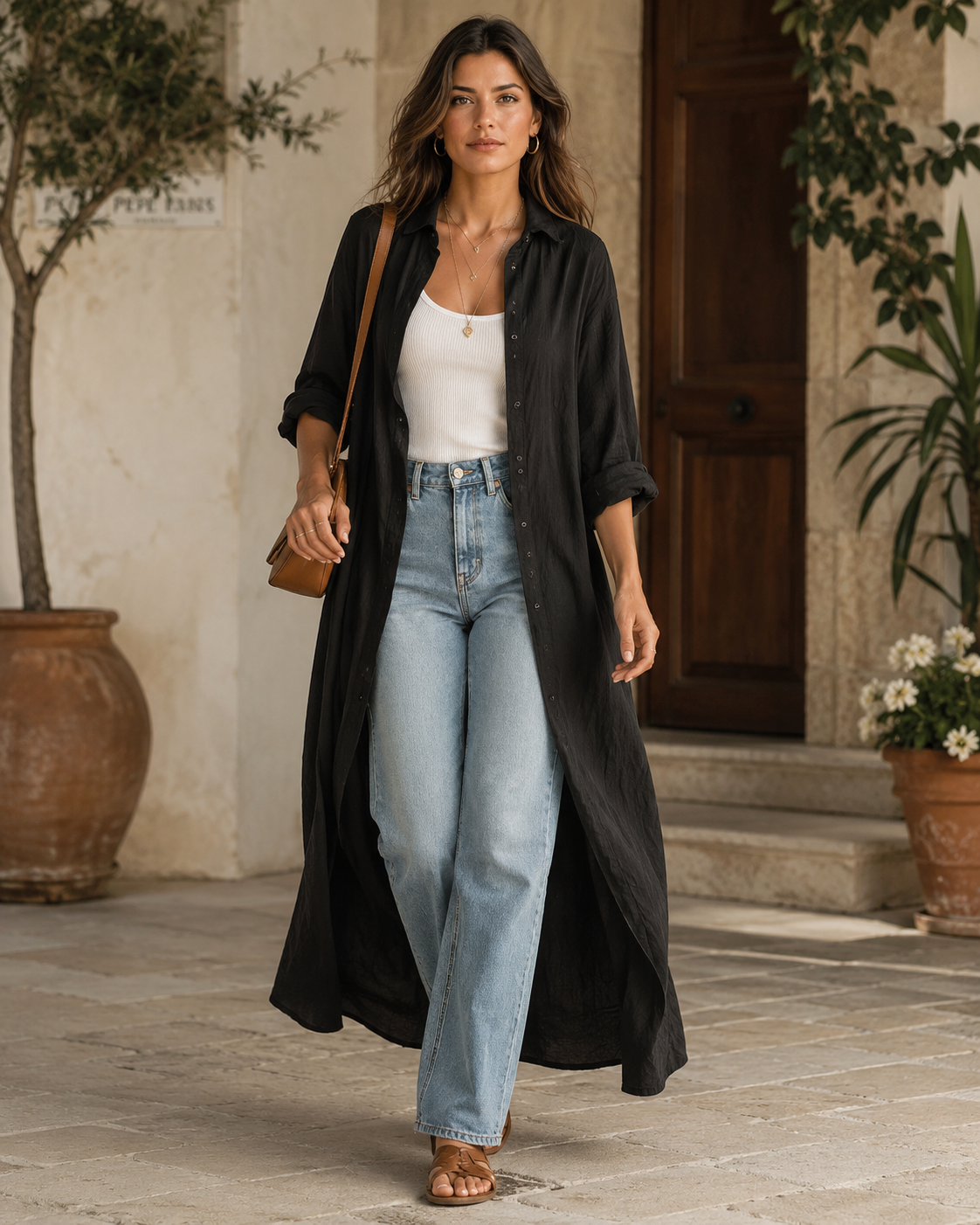 Robe maxi bohème avec design à boutons noirs sur le devant