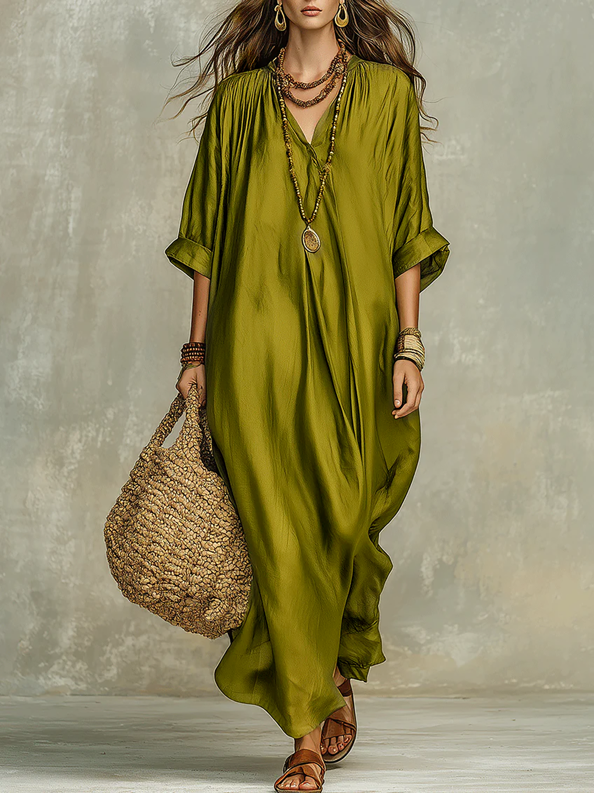 Bohemian Maxi Dress in Olive Green with a Relaxed Fit – WEXOV