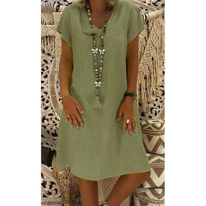 Evelyn | Linen V-Neck A-Line Mini Dress Short Sleeve Summer