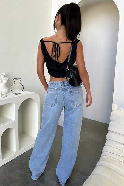 Jean baggy droit taille basse en denim bleu clair délavé