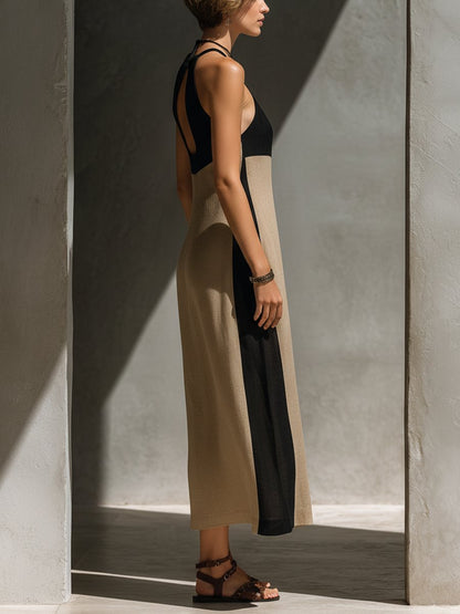 Amelia | Midi Halter Dress Keyhole Cutout Color Block Cotton Blend