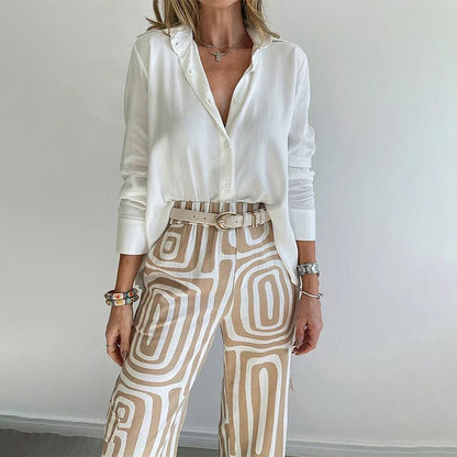 Eleanor | Ensemble deux pièces grande taille avec chemise boutonnée et pantalon à jambes larges