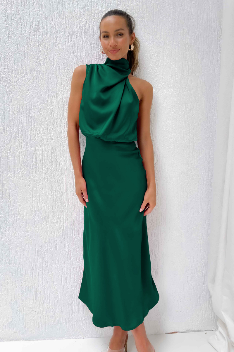 Elegant Satin Halter A Line Midi Dress