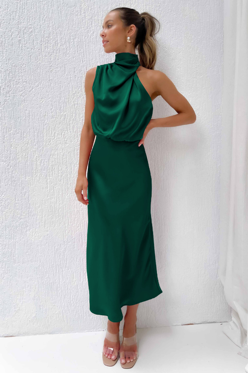 Elegant Satin Halter A Line Midi Dress
