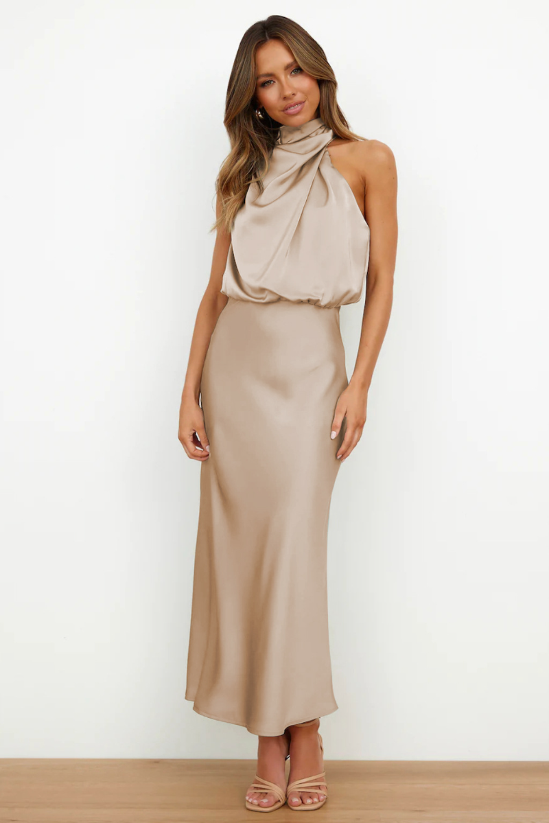 Elegant Satin Halter A Line Midi Dress