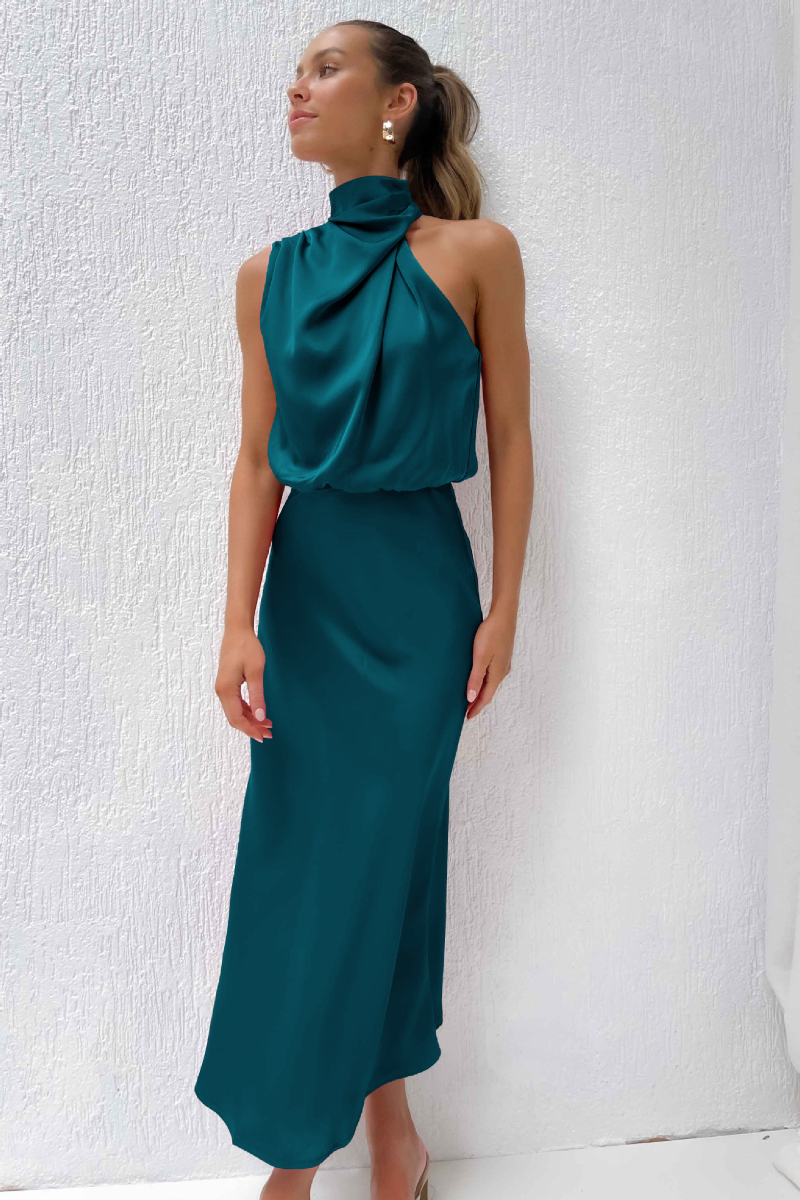 Elegant Satin Halter A Line Midi Dress