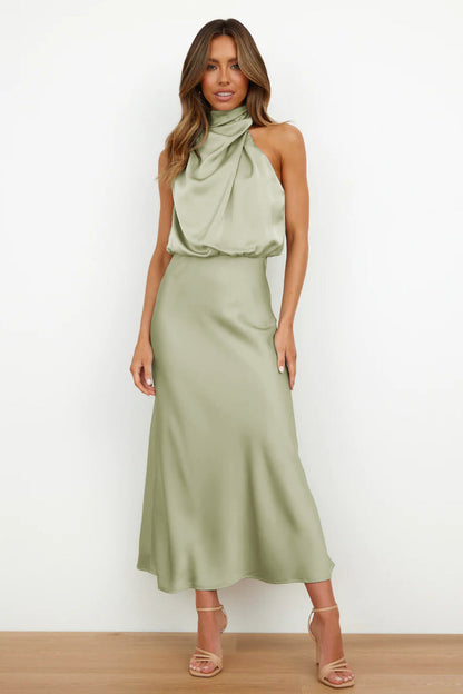 Elegant Satin Halter A Line Midi Dress