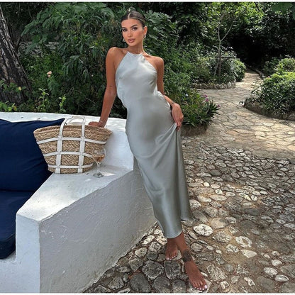 Elegant Satin Halter Backless Maxi Dress