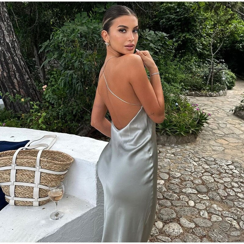 Elegant Satin Halter Backless Maxi Dress