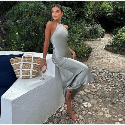 Elegant Satin Halter Backless Maxi Dress