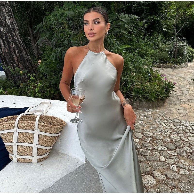 Elegant Satin Halter Backless Maxi Dress