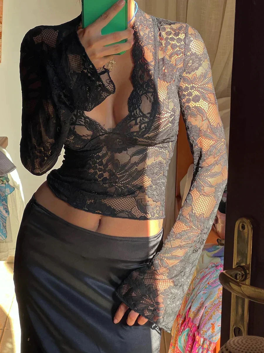 Women's Long Sleeve Lace Wrap Blouse