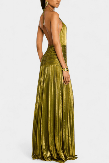 Elegant Halter Pleated Maxi Dress