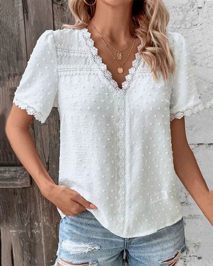 Women's V-Neck Lace Trim Blouse