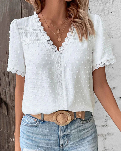 Women's V-Neck Lace Trim Blouse