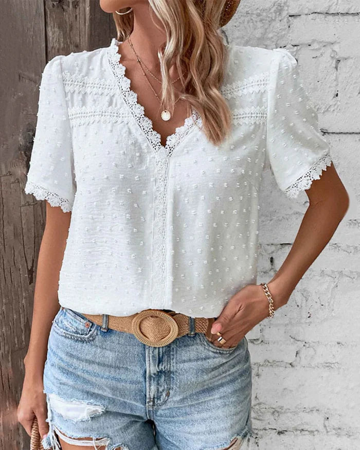 Women's V-Neck Lace Trim Blouse