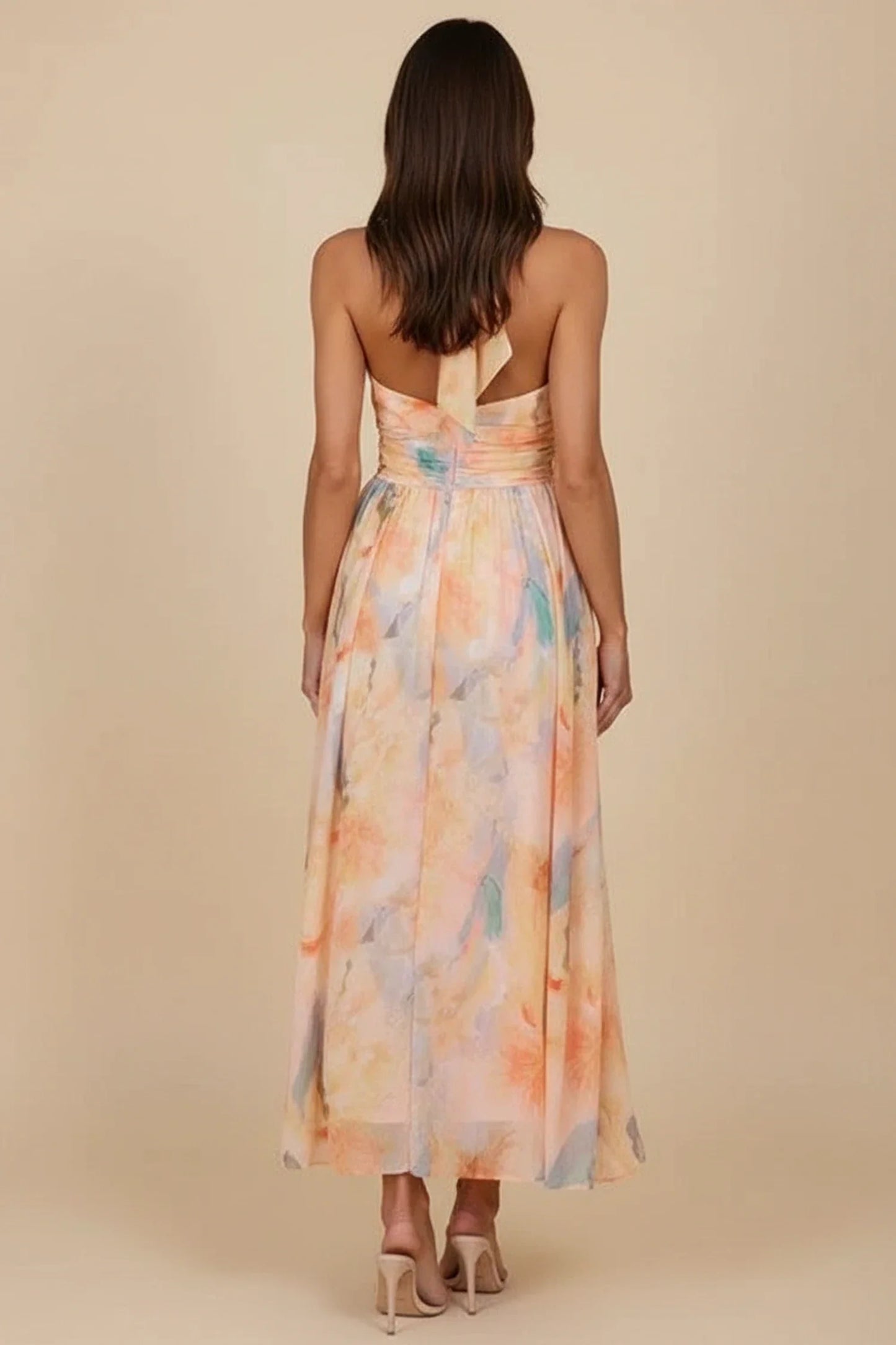Elegant Floral Halter A Line Maxi Dress