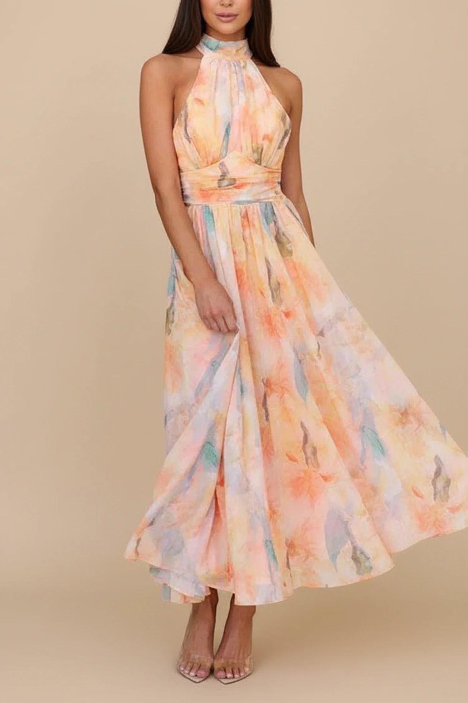 Elegant Floral Halter A Line Maxi Dress