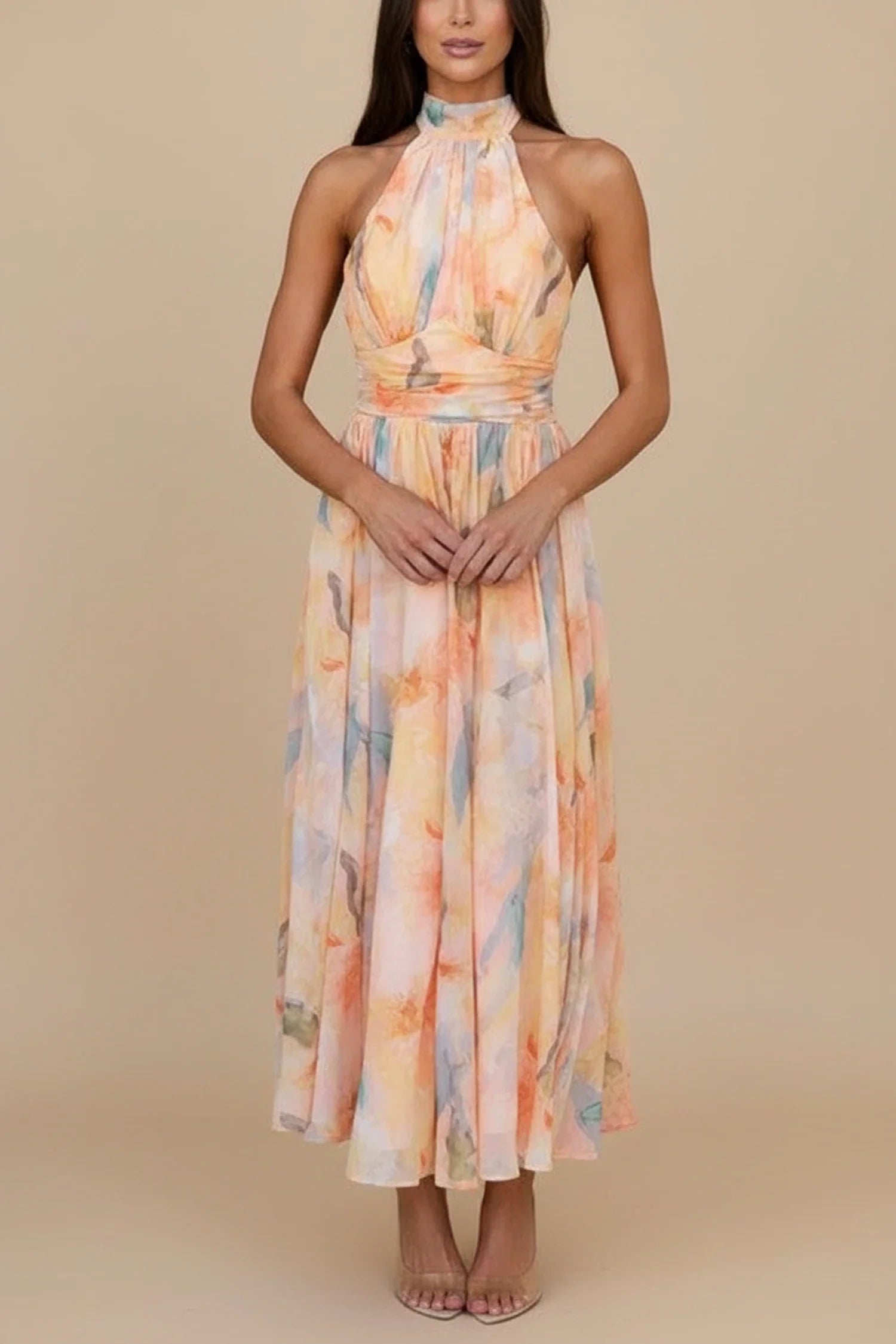 Elegant Floral Halter A Line Maxi Dress