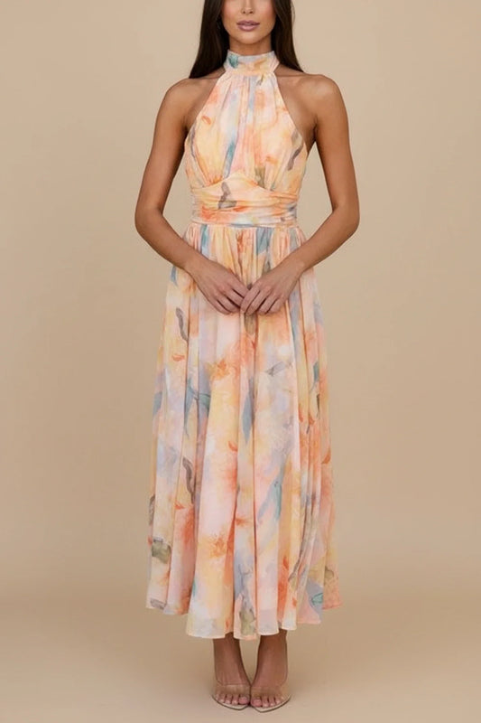 Elegant Floral Halter A Line Maxi Dress