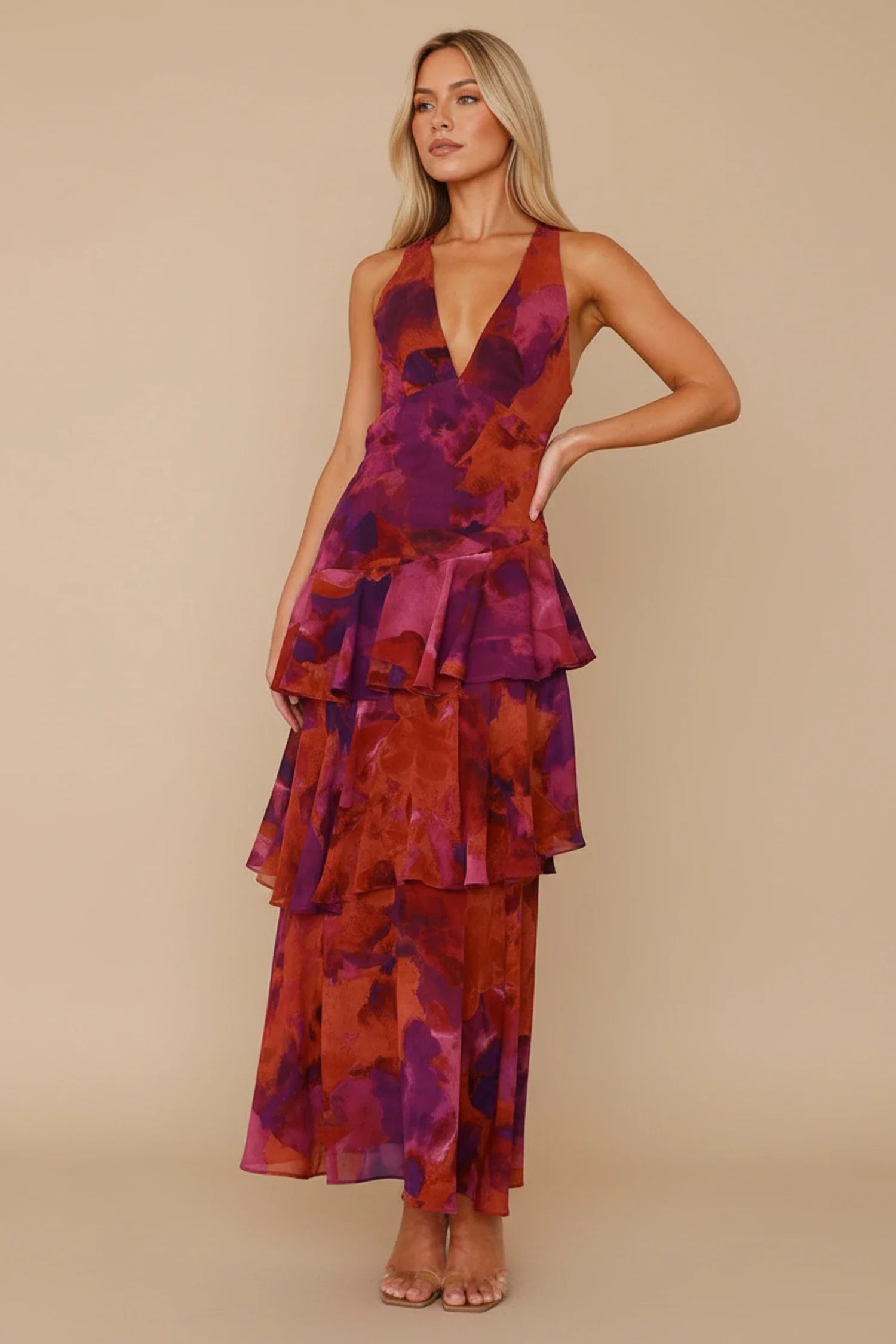 Elegant Floral Halter Maxi Dress