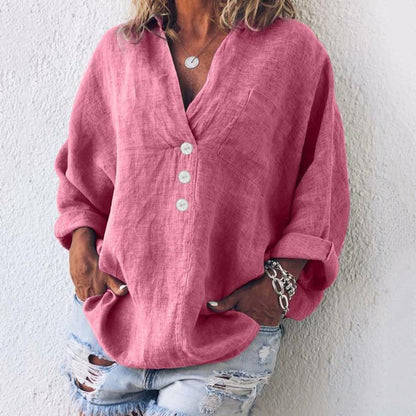 Charlotte | Women's Linen Button Down Blouse V-Neck Roll Tab Sleeves