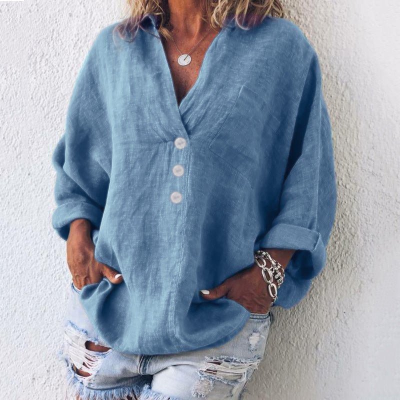 Charlotte | Women's Linen Button Down Blouse V-Neck Roll Tab Sleeves