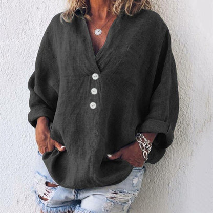 Charlotte | Women's Linen Button Down Blouse V-Neck Roll Tab Sleeves