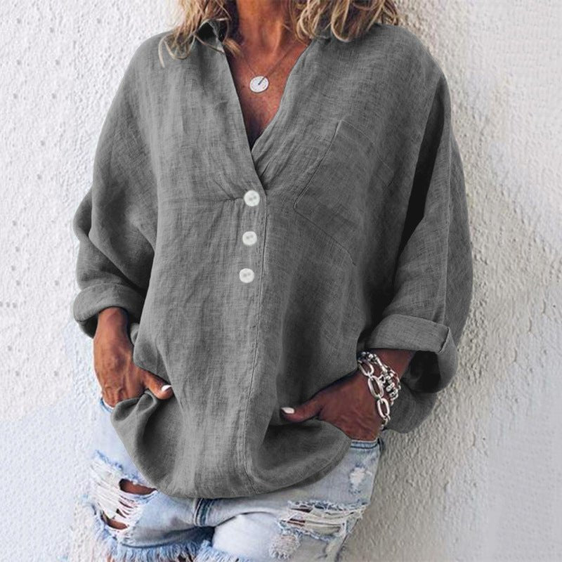 Charlotte | Women's Linen Button Down Blouse V-Neck Roll Tab Sleeves