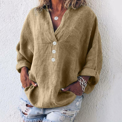 Charlotte | Women's Linen Button Down Blouse V-Neck Roll Tab Sleeves