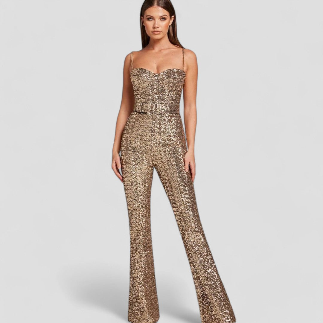 Velmora | Combinaison évasée à sequins pour femmes | Tenue de soirée scintillante