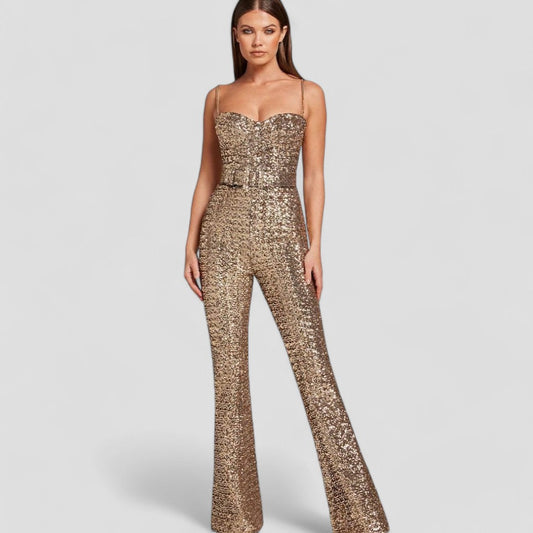 Velmora | Tuta da donna con paillettes e gamba svasata | Outfit scintillante per feste serali